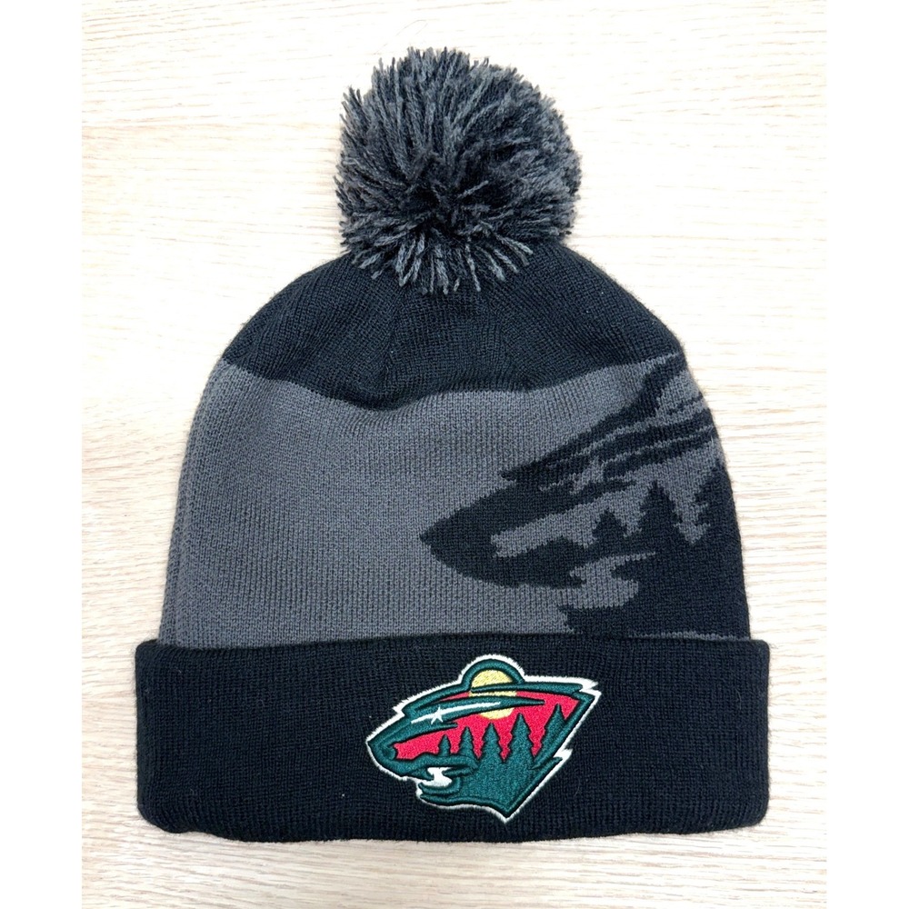 Minnesota Wild NHL Fan‎ Favorite Knit Pom Beanie Hat OSFA Black Gray